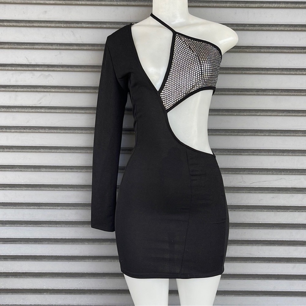 Nicole Bakti Black Holographic Rhinestone One Shoulder Cutout Mini Dress Medium